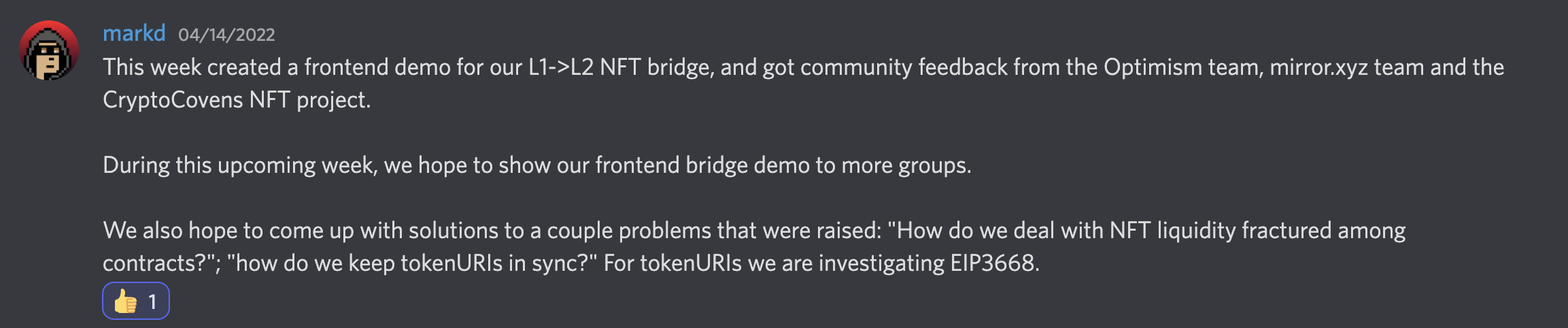 Quix working on an L1/L2 bridge as a public good